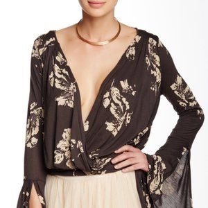 Black Free People Fiona Floral Bell Sleeve Blouse Top